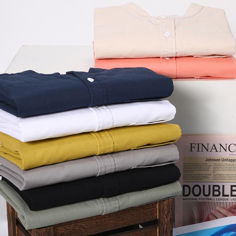 Мужская рубашка из хлопка и льна с длинным рукавом, китайским воротником-стойкой и карманом - простая, удобная повседневная куртка