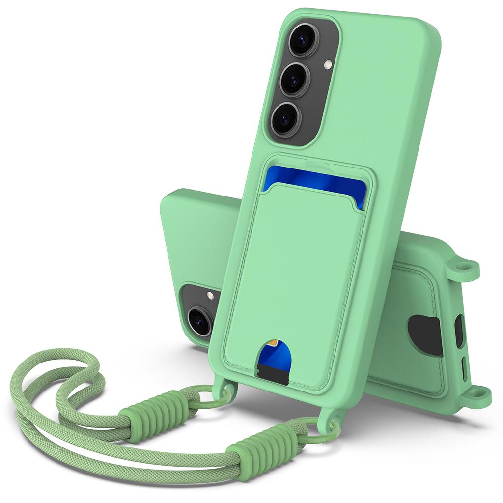 For Samsung Galaxy S24 Case Liquid Silicone Card Holder Phone Back Cover with Short Strap