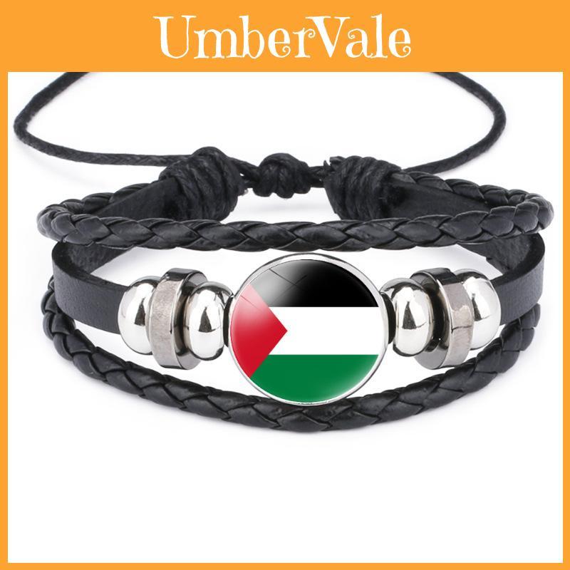 Stylish Gemstone Leather Wristband With Palestinian Flag Pattern Wholesale Fashion Jewelry