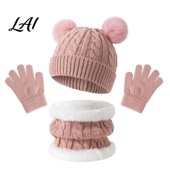 Five Finger Winter Gloves for Toddlers Kids Warm Knit Set Bear Ear Hat Fleece Lined Neck Gaiter & Weather Resistant Thermal Set Full Gloves,