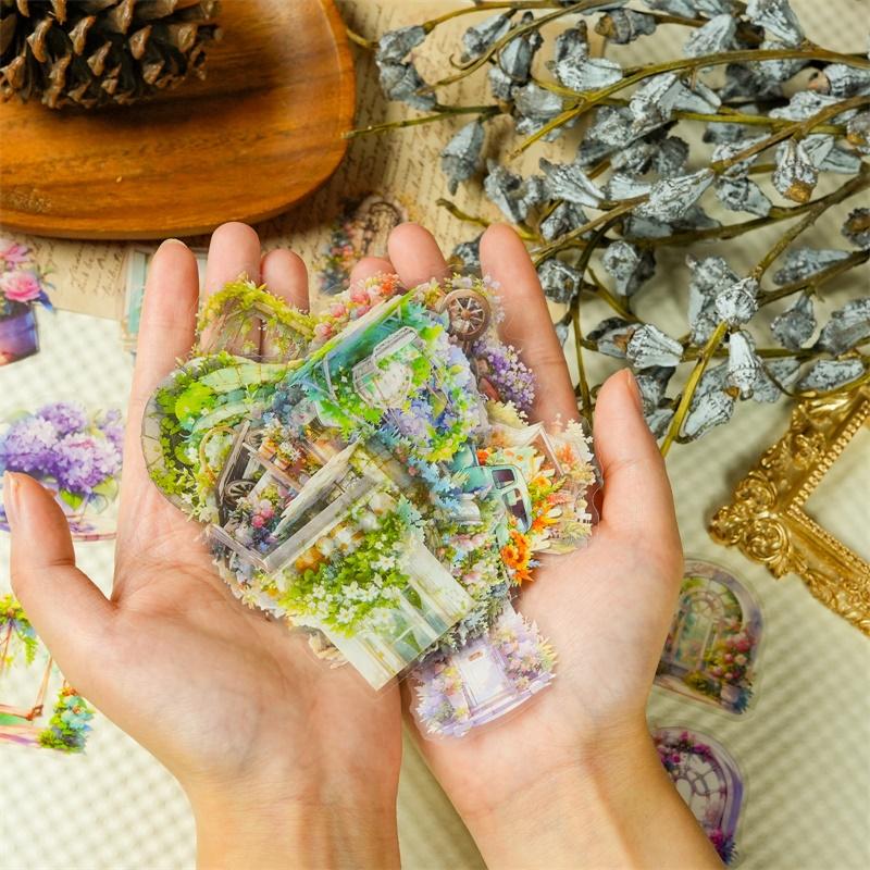 56PCS Kawaii Flower House PET Sticker Aesthetic Decoration Scrapbooking Stationery DIY Hand Accounting Supplies for Kids