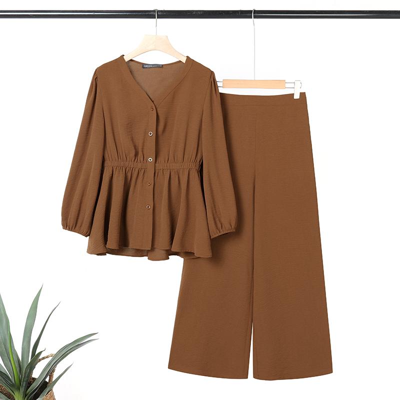 ZANZEA Женский повседневный костюм из двух частей с длинным рукавом и брюками