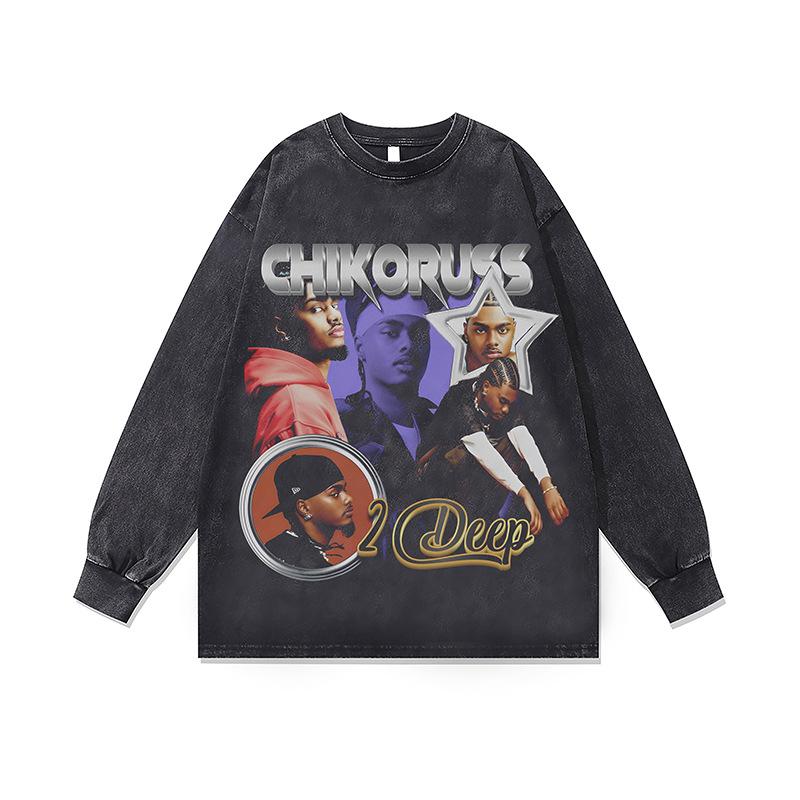 Стирка Ретро Стираная Толстовка с Круглым Вырезом Осень и Зима Новая Американский Хип-Хоп Нижний Слой с Длинным Рукавом Футболка для Мужчин и Женщин