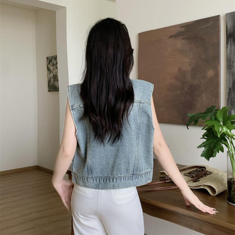 Fashion Raw Edge Denim Vest Jacket Women's Spring Summer Sleeveless Vest Shoulder Waistcoat