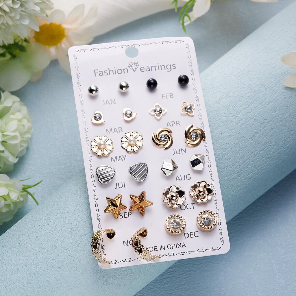 12 Pairs Earrings Set Stud Crystal Pearl Butterfly Flower Heart Women Jewelry