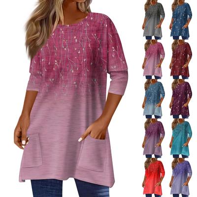 3/4 рукава кармана топы для женщин футболка повседневный принт средней длины топы футболка круглый вырез пуловер блузка