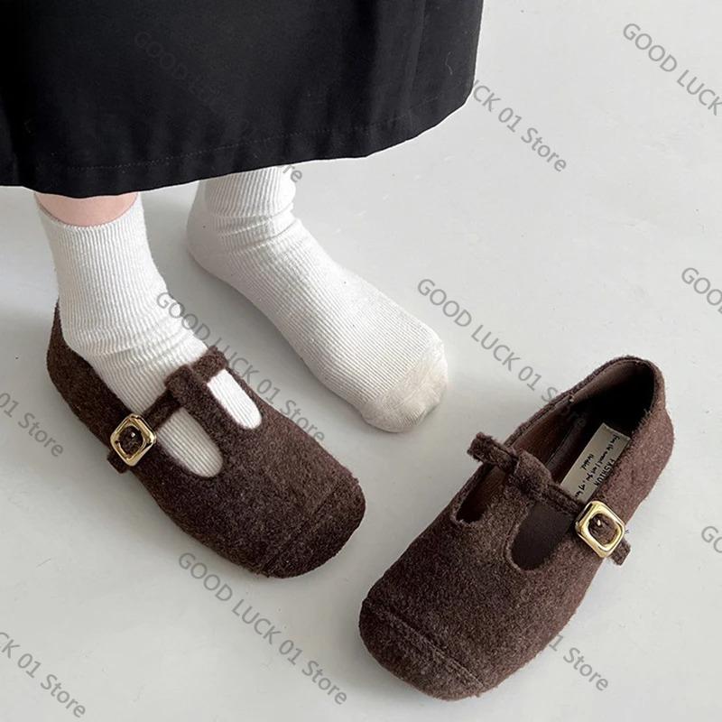 Мода 2025 Осень Шерстяная ткань Женские туфли-балетки Модные туфли с мелким вырезом и круглым носком Женские удобные балетки в стиле Мэри Джейн