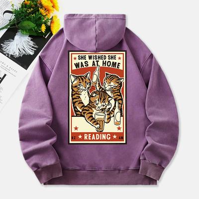 Худи с принтом кошек, женский винтажный хлопковый топ, с потертостями, карман, оверсайз, женская уличная одежда