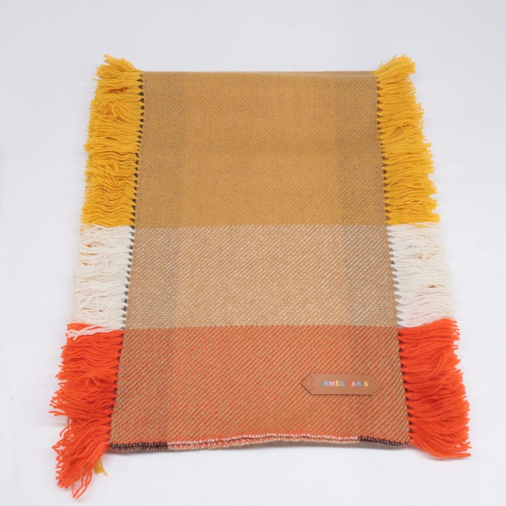 Hermes [Good Condition] Cashmere Fringe Scarf Jaune Soleil/Beige/EcruUsed