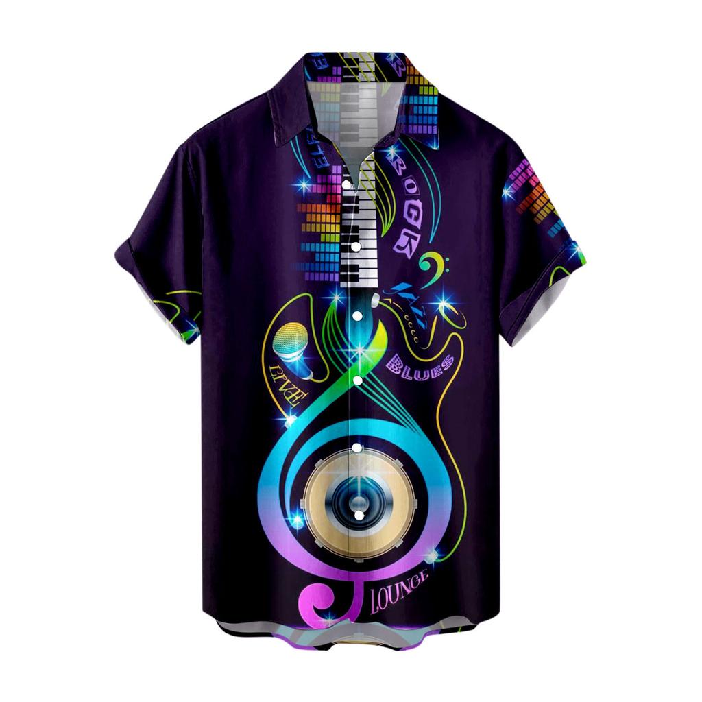 Summer Hawaiian Shirts For Men Music Guitar Printed Tops Clothing Fashion Casual Oversized Collar Rock And Roll Blouses