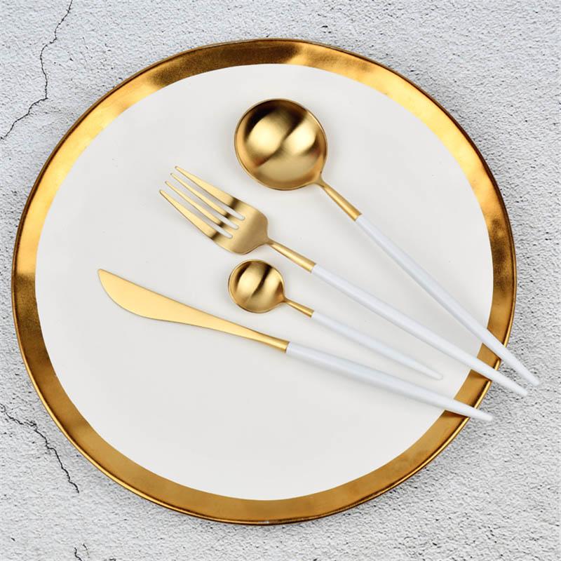 Белая ручка, золотые наборы посуды, высококачественные металлические столовые приборы, нож, вилки, совки, набор столовых приборов, посуда из нержавеющей стали 304