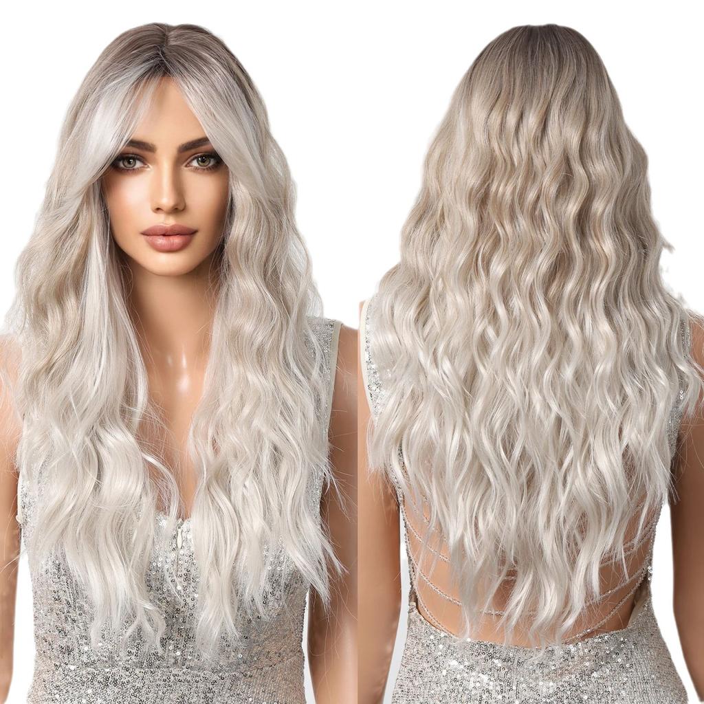 Стиль Постепенное изменение Платиновая челка из восьми символов Подстриженное лицо Длинные вьющиеся волосы Натуральный ленивый модный парик Полная прическа