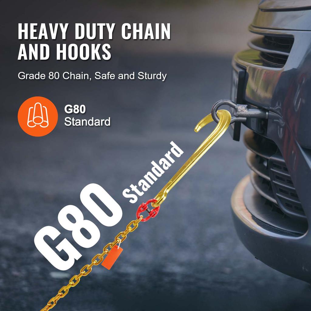 SucceBuy G80 J Hook Chain Long Shank Towing Chain with RTJ Cluster Hooks & Grab Hook Transport Truck Chains for Trailer Recovery