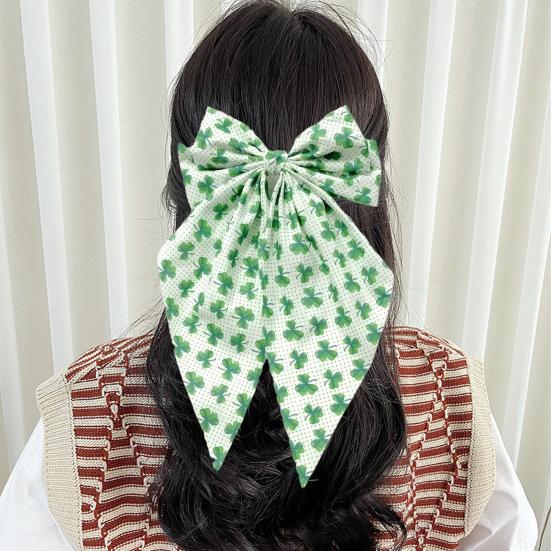 Заколка для волос из зеленой ленты с бантом и узором в виде четырехлистного клевера, пружинная заколка для затылка, заколка для волос в милом стиле