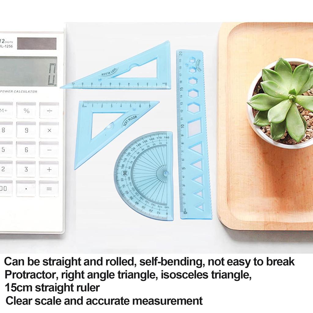 Набор математических геометрических инструментов из 4 штук для детей, прозрачные инструменты для измерения углов и длины, геометрический набор для детей, включает пластиковую прозрачную линейку, транспортир,