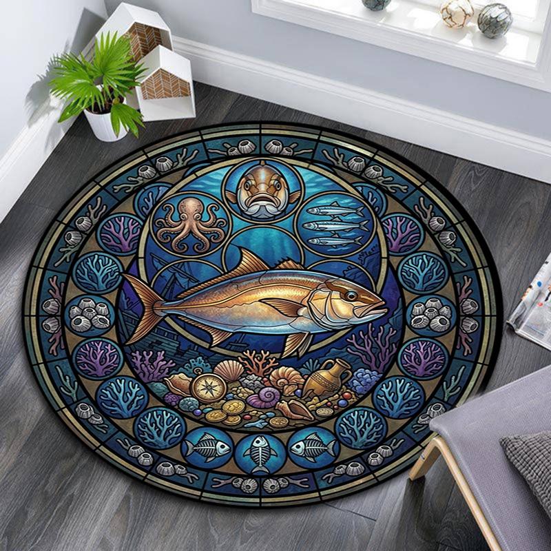 Ocean Life Glass Round Area Rug Under Office Chairs Bedroom Living Room Home Decor
