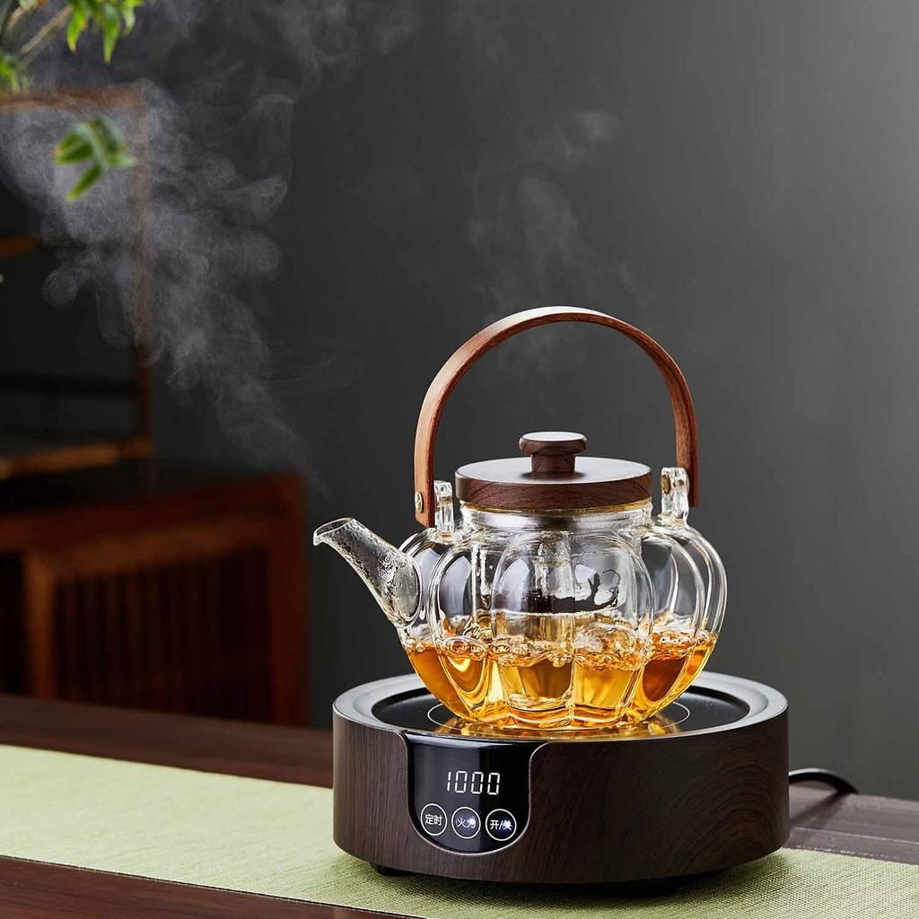 Pokaro Tea Heat-Resistant Glass Teapot, Pumpkin Shape, 940ml, Vertical Stripe Design, Suitable for Steaming and Boiling Tea, Includes Tea Strainer,