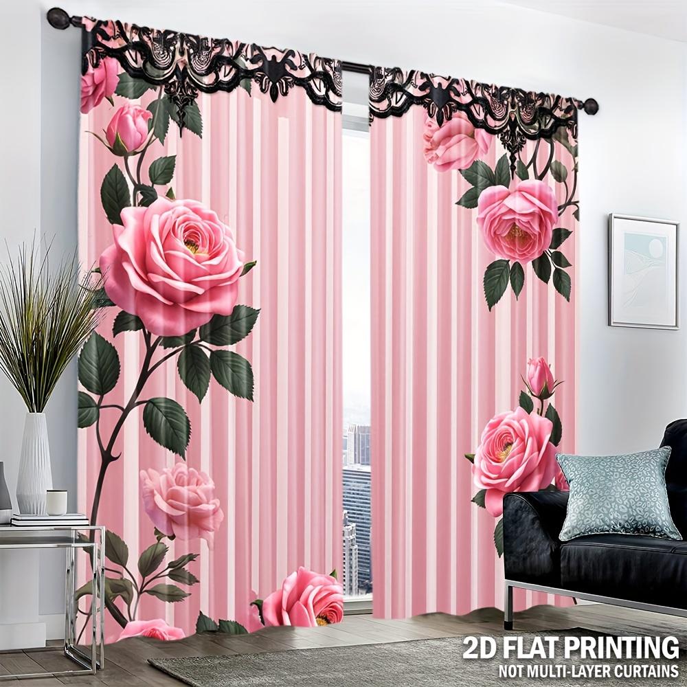 Romantic Pink Rose Striped Curtains, Delicate Flower Leaf Digital Print Drapes Wedding Room Nursery Girly Interior Decoration