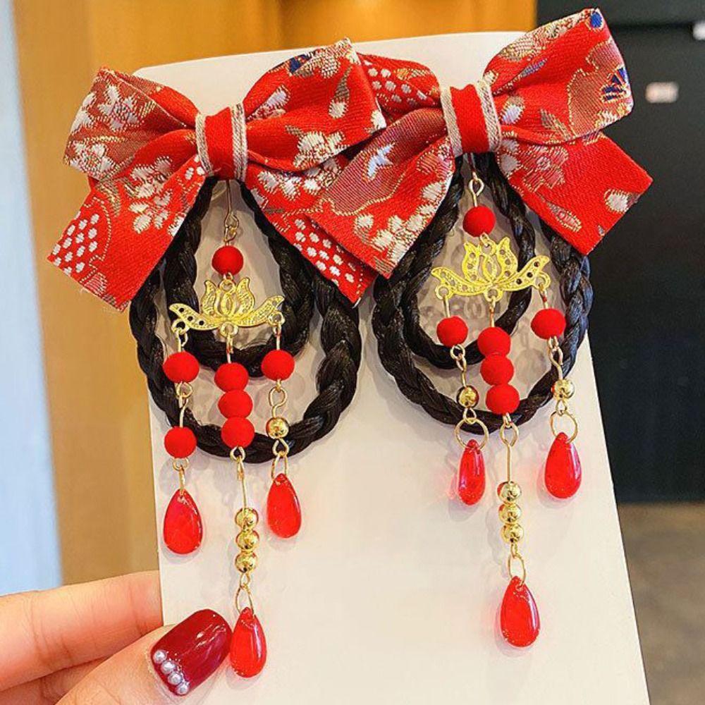 2 шт., кисточка, красный бант, шпилька для волос в китайском стиле, детская боковая заколка для парика, праздничная новогодняя заколка для волос