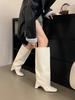 Niche Square Head Coarse Heel Fiber Leather Tall Pants Boots Fried Street Spice Girls Height Up White But Knee Boots Knight Boots