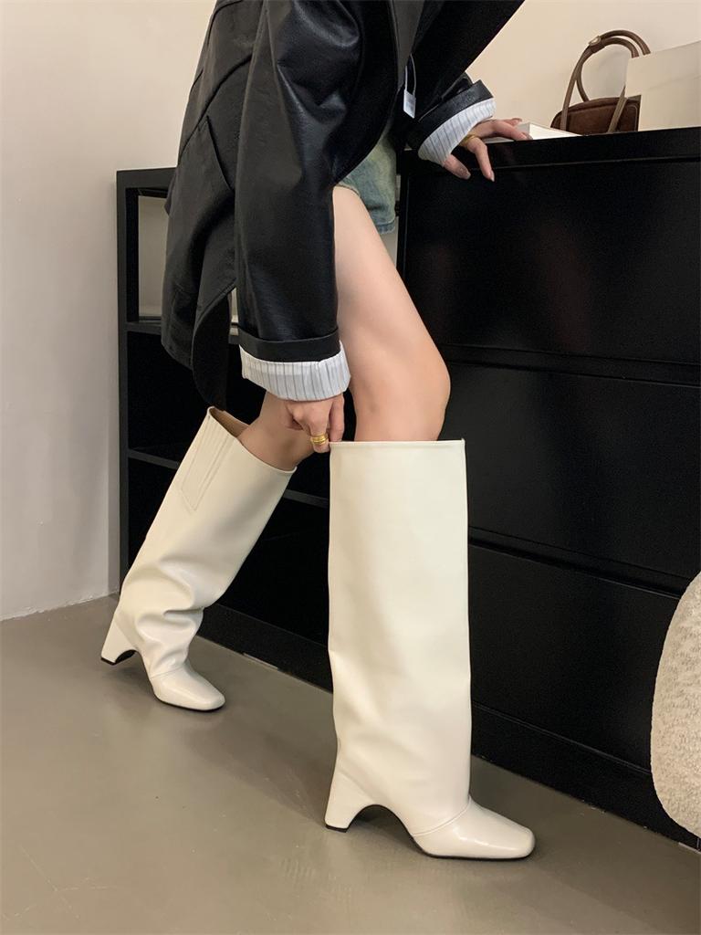 Niche Square Head Coarse Heel Fiber Leather Tall Pants Boots Fried Street Spice Girls Height Up White But Knee Boots Knight Boots