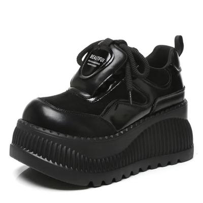 Модные высококачественные 8 см эластичные кожаные туфли из ткани для женщин, новые весенне-осенние модные вулканизированные туфли на каблуках, повседневные туфли на платформе и танкетке