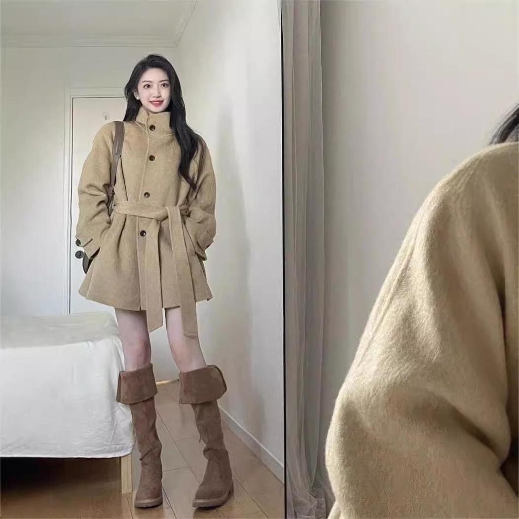 "Женское хаки шерстяное пальто": Корейский стиль, на шнуровке, средней длины, идеально подходит для осени/зимы"