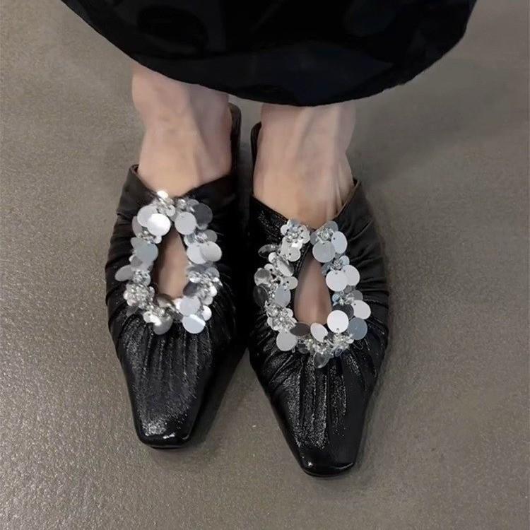 Версия из овчины~ Французские квадратные с пайетками крутые тапочки на одном каблуке, темпераментная серебристая сумка на носок, женские полутапочки