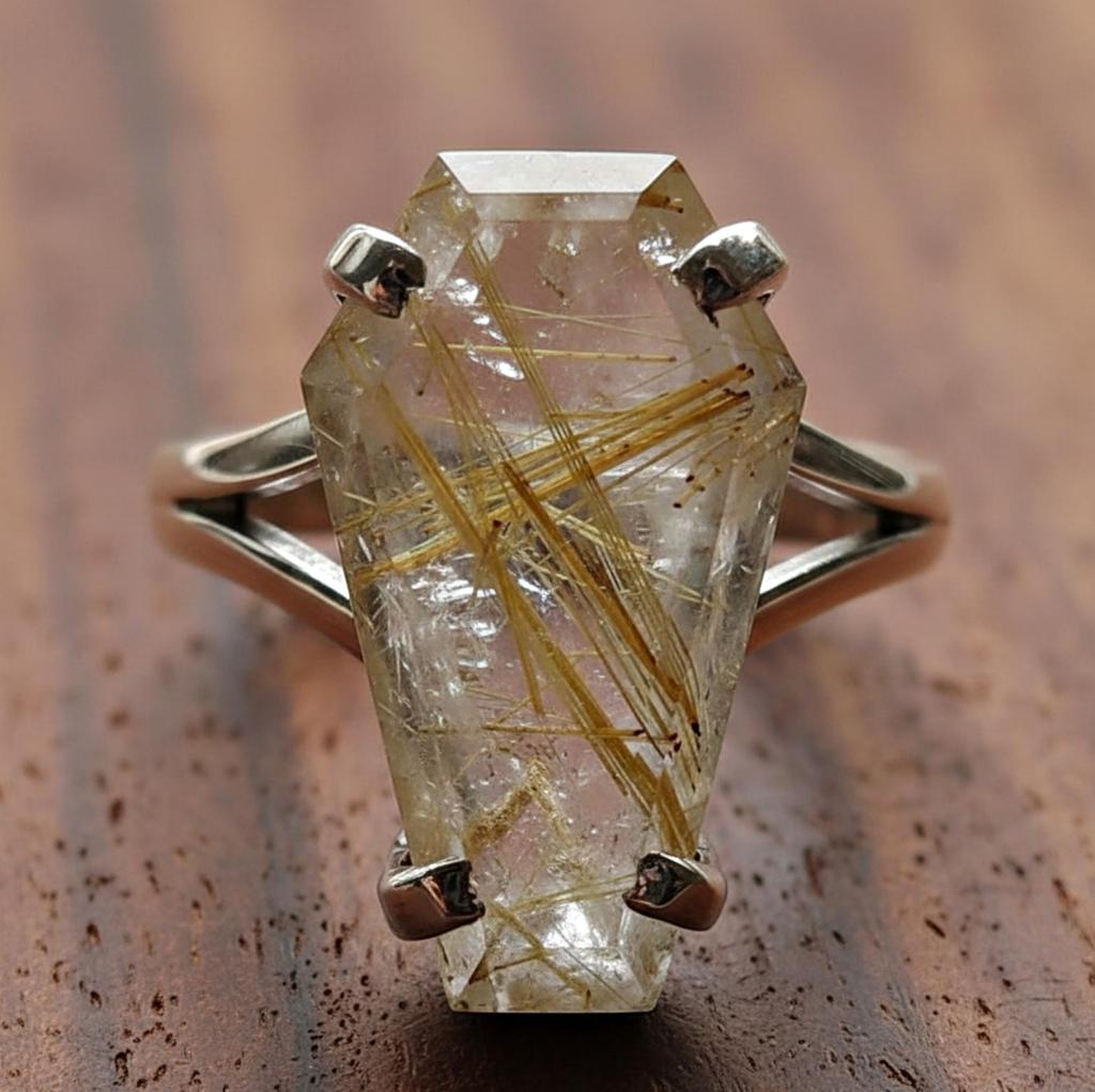 Кольцо в виде гроба, золотое кольцо с рутилом, серебро 925 пробы, драгоценный камень из рутилированного кварца, подарок для нее, женское кольцо, подарок на День матери