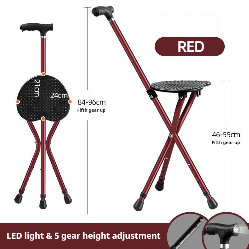 Portable Folding Cane with Seat, LED Light Cane Stool Handy Crutch Chair Seat 3 Legs Height Adjustable Thick Aluminum Walking Stick for Elderly