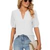 Summer Casual V-neck Solid Color Hollow Bubble Sleeve Loose T-shirt Top for Women Shirt