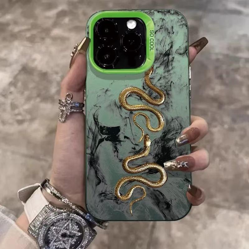 Стильный золотой чехол-змея для iPhone 17 Air 16 15 14 11 Pro Max 13 12 Mini Xs 8 7 Матовый лазерный бампер Ударопрочный чехол