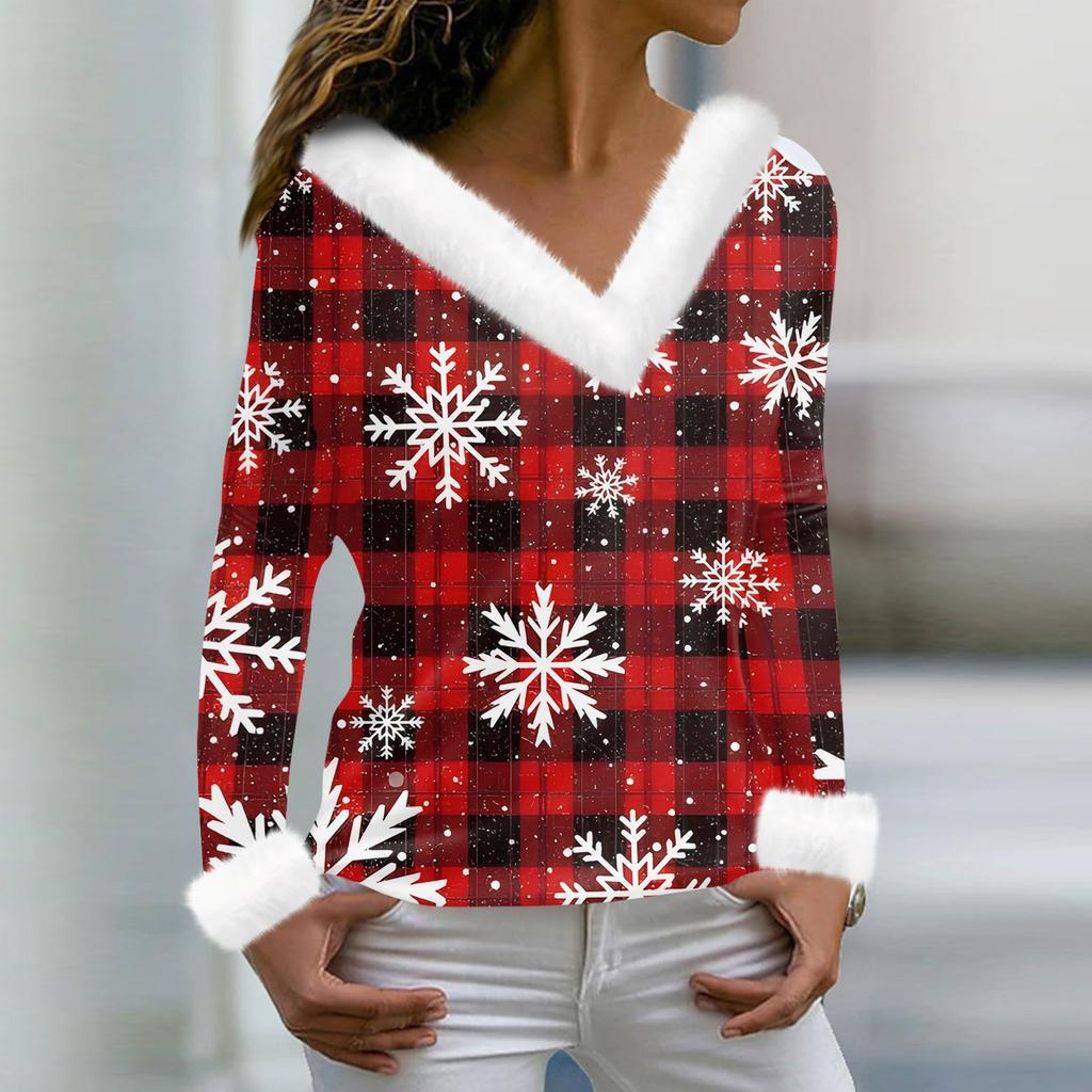 Женская мода повседневная плюшевая кофта с длинным рукавом и V-образным вырезом с рождественским принтом