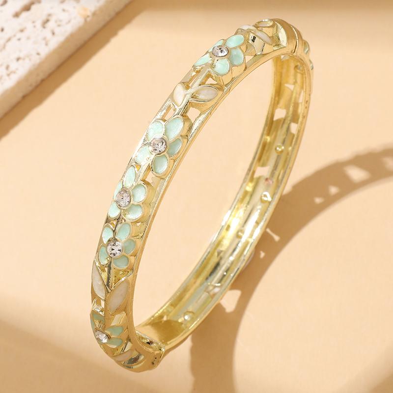 Vintage Enamel Dropped Glaze Flower Diamond Bangle for Women Copper Metal Hand Bracele Fashion Luxury Jewelry Gifts