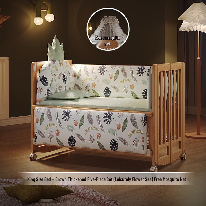 Movable Solid Wood Foldable Baby Crib, Unpainted, Multifunctional Newborn Bed