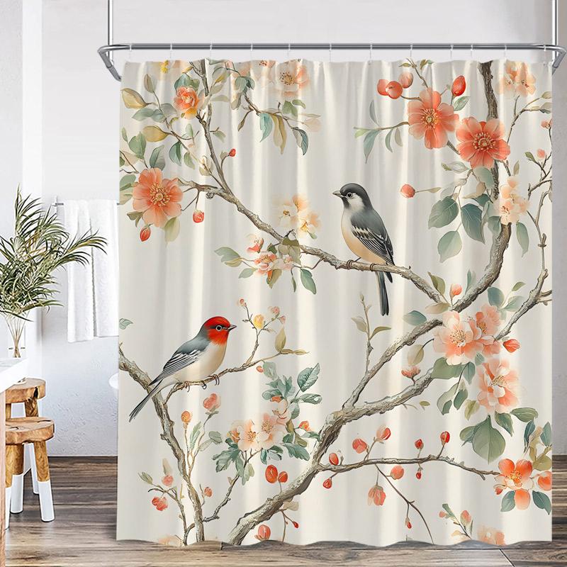 Bird Shower Curtains Colorful Birds On Tree With Green Leaves Farmhouse Bath Curtain Polyester Fabric Bathroom Decor With Hooks