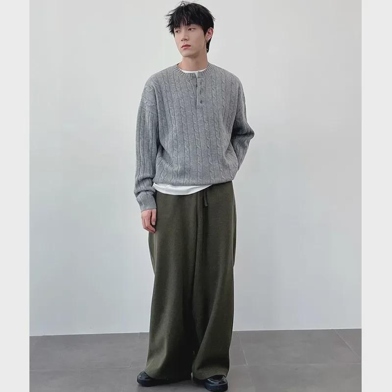 Мужской свитер высокого качества в корейском стиле с воротником хенли — плотная вязка, скрученная вязка, свободный крой, для весны и осени