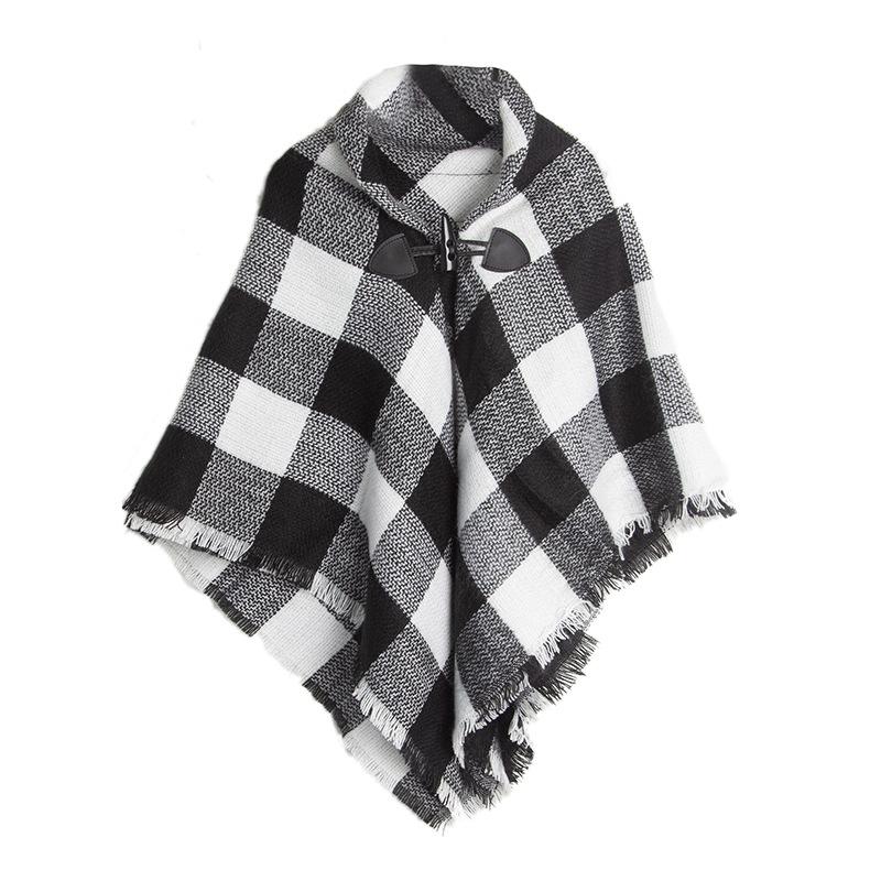 Horn Button Plaid Cloak Shawl