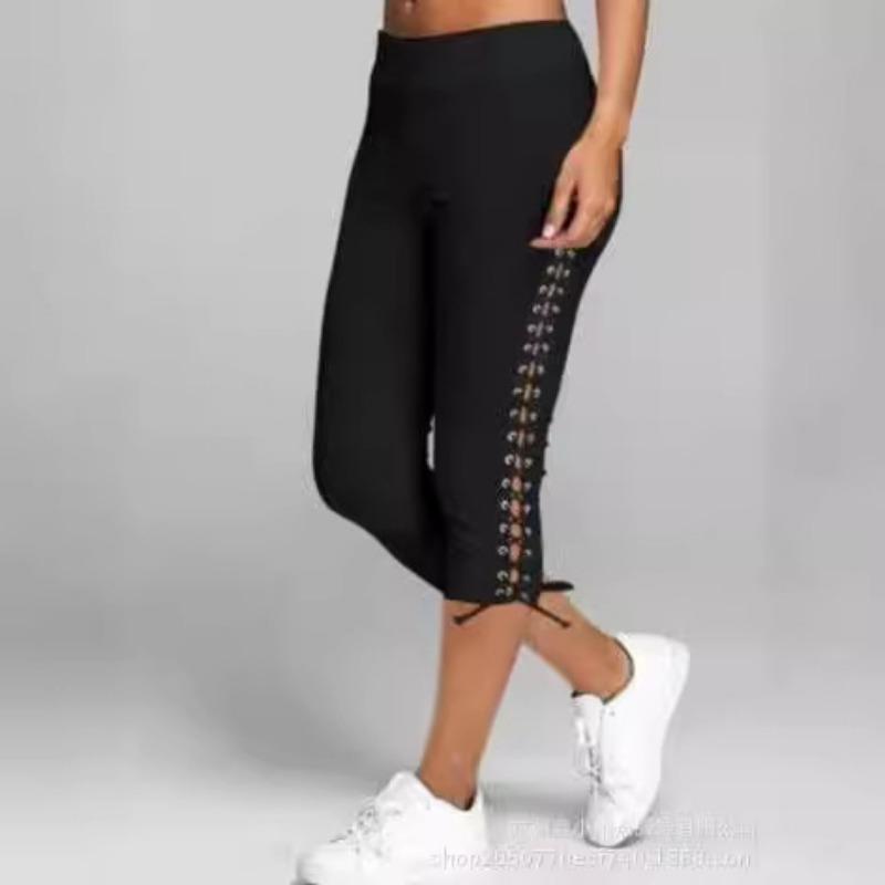 Womens Slim Fit Eyelet Lace Up Capri Leggings Multi Color
