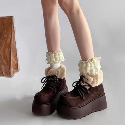 Модные шнурованные массивные зимние ботинки для женщин, зимние ботильоны с круглым носком, увеличивающие рост, плюшевая женская обувь, новая рок-мода 2025, готические ботинки