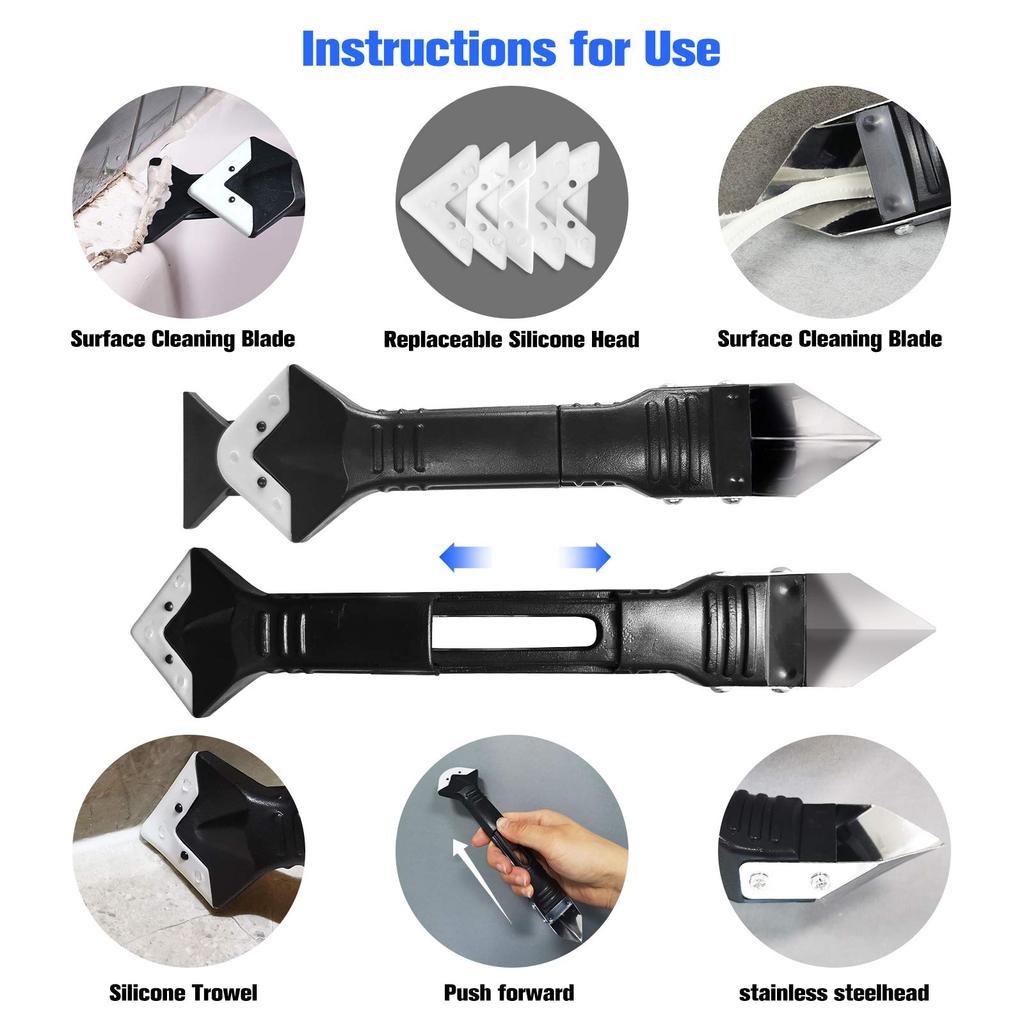 Caulk Remover Scraper Sealant Finishing Tool Kit 3 in 1 Caulking Scraper Tools with 5 Replaceable Silicone Pads