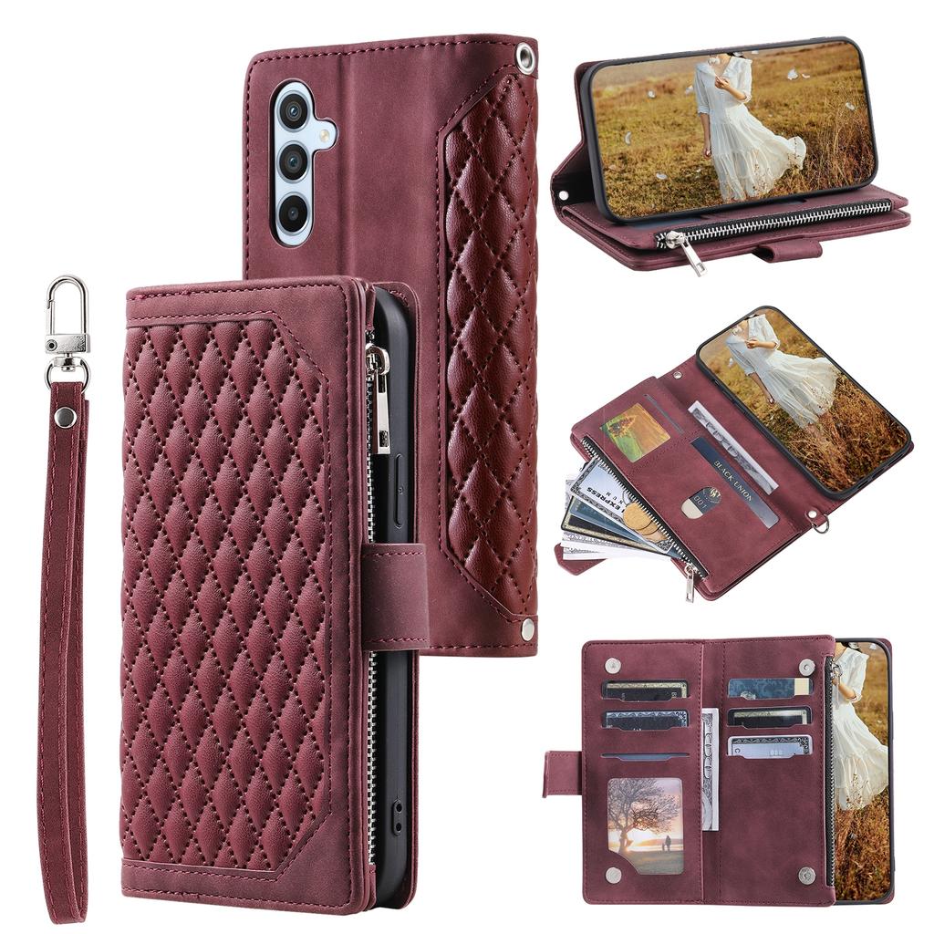 For Samsung Galaxy S25 FE Wallet Case Rhombus Stitching Line PU Leather Phone Cover with Wrist Strap