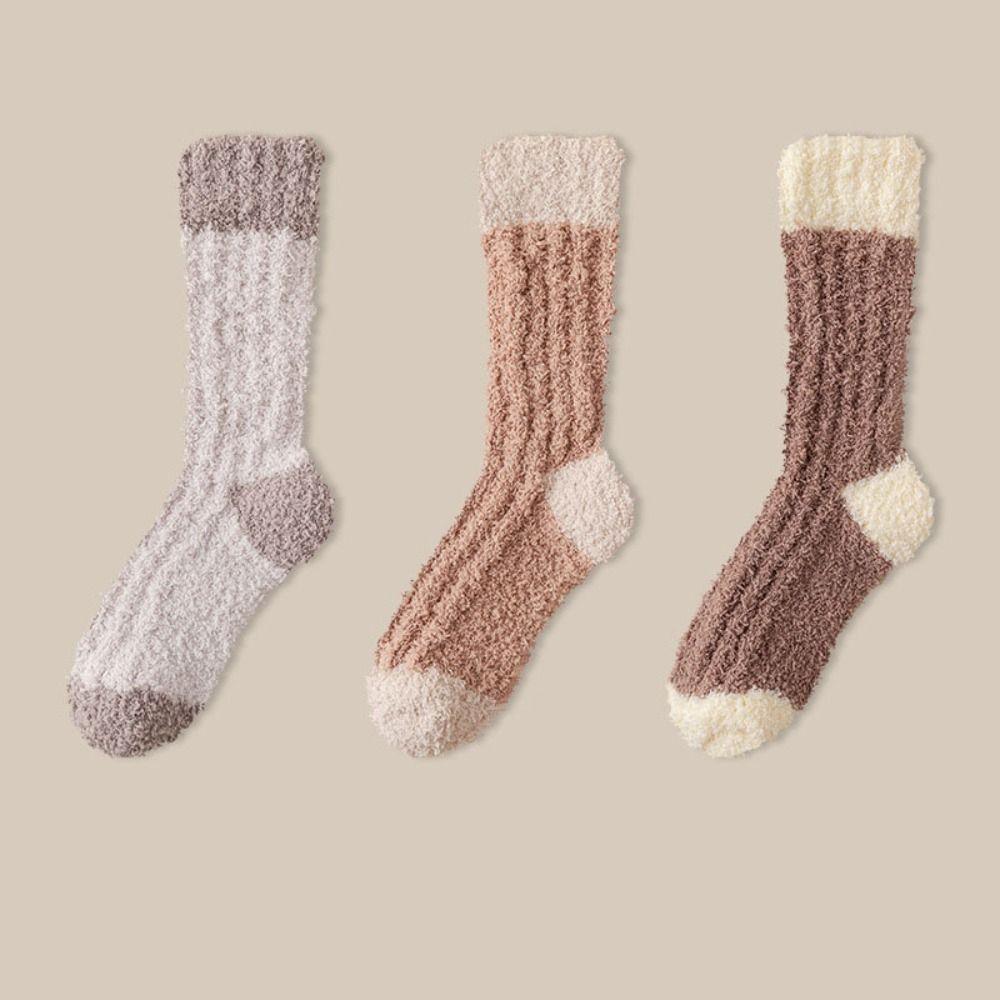 3Pairs Sleeping Coral Fleece Socks Winter Mid Tube Socks Women Solid Color Floor Plush Socks Autumn