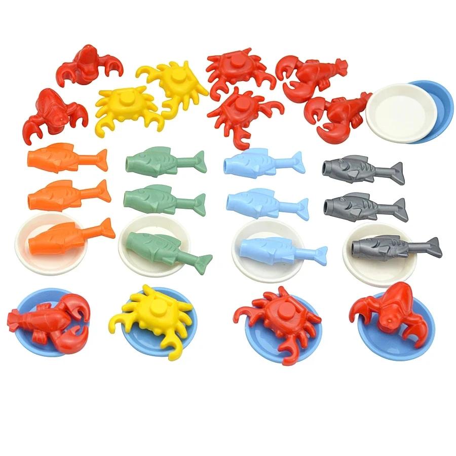 DlY Мини-фигурки для еды, фигурки из строительных блоков, хлеб, рыба, фрукты, курица, краб, хот-дог, торт, пицца, морковка, коробка, креативные игрушки, детали города, кирпич