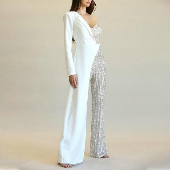 Women Jumpsuit One Shoulder One Sleeve Suit Coat Dress Patchworl Shiny Sequin Asymmetric Color Matching Wide Leg Tight Waist Prom Party Jumpsuit