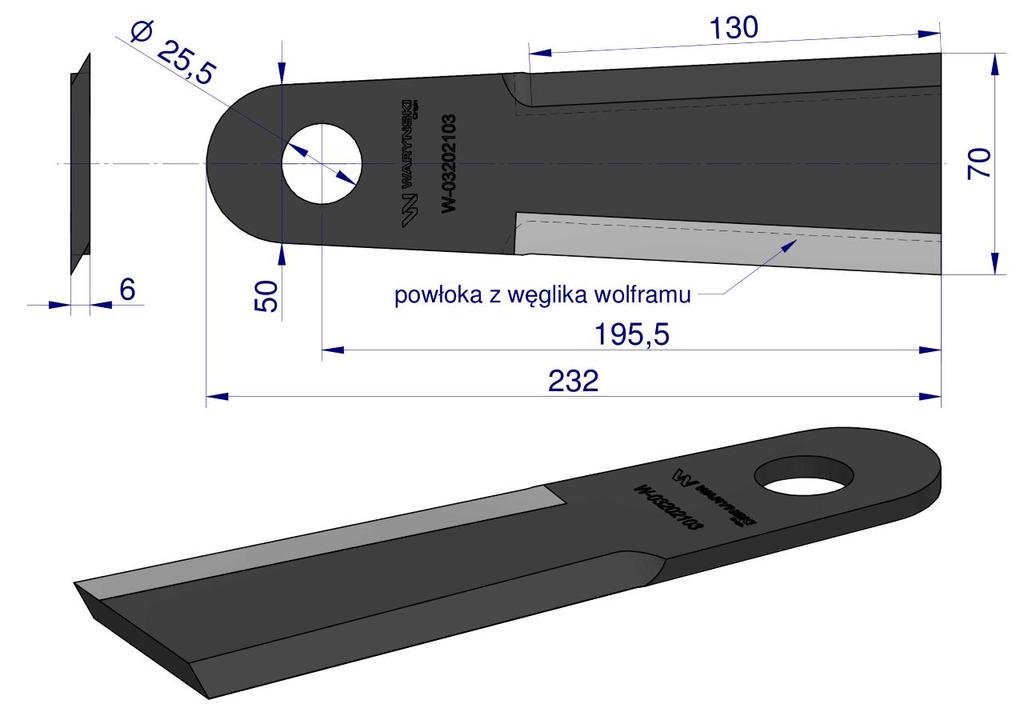 Corn attachment knife, hard-faced, 232x70-51x6, hole 25.5mm, Capello WARYŃSKI