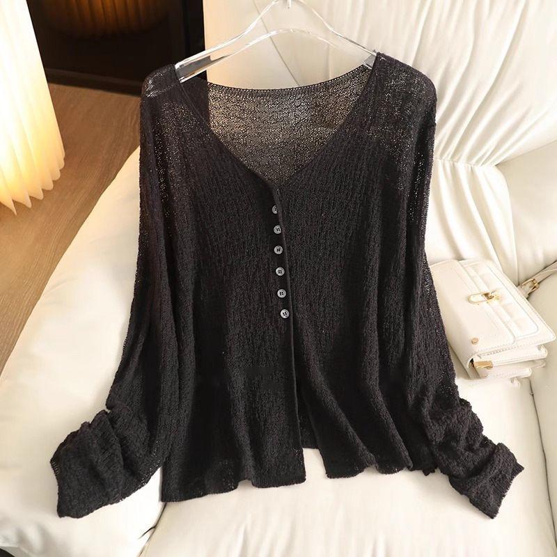 Thin Sweater Coats Women Clothing Hollow Out Long Sleeve Summer Solid Color Sueter V-neck Casual Knitted Cardigan Jackets