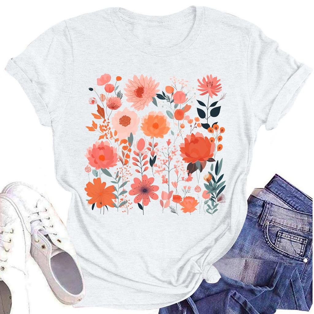 Женская повседневная футболка с круглым вырезом и цветочным принтом, короткий рукав