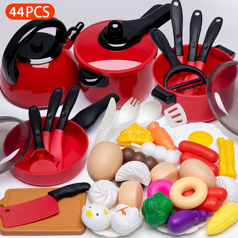 Kids Toys Pretend Play Red Kitchen Toys Simulation Food Cooking Girl's Boys Educational Play House Interactive Toys for Children