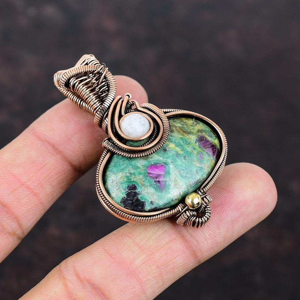 Подвеска из рубина и фуксита, подвеска из медной проволоки, подвеска ручной работы, подвеска из радужного лунного камня, антикварная медная бижутерия, подарок для матери